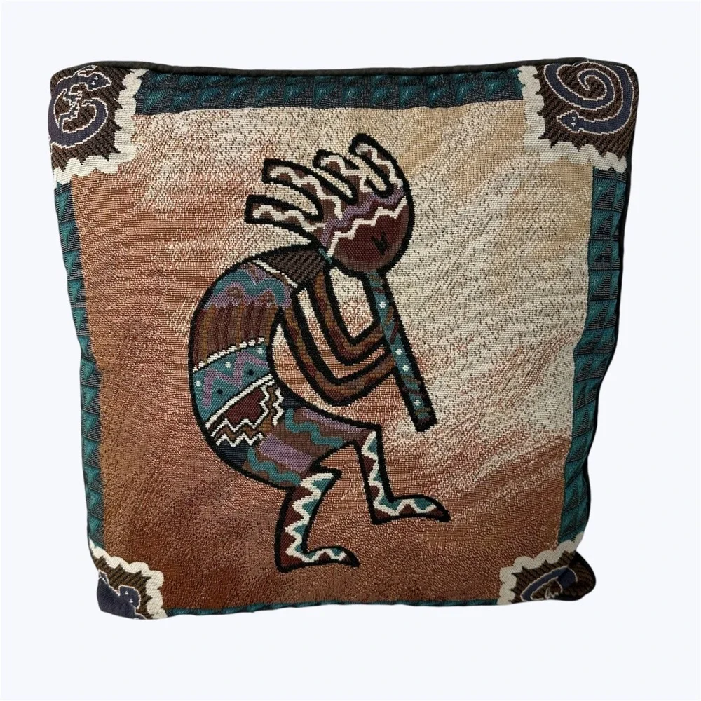 Kokopelli Woven Tapestry‎ Throw Pillow Southwest Flute Player 2 Sided 15x15